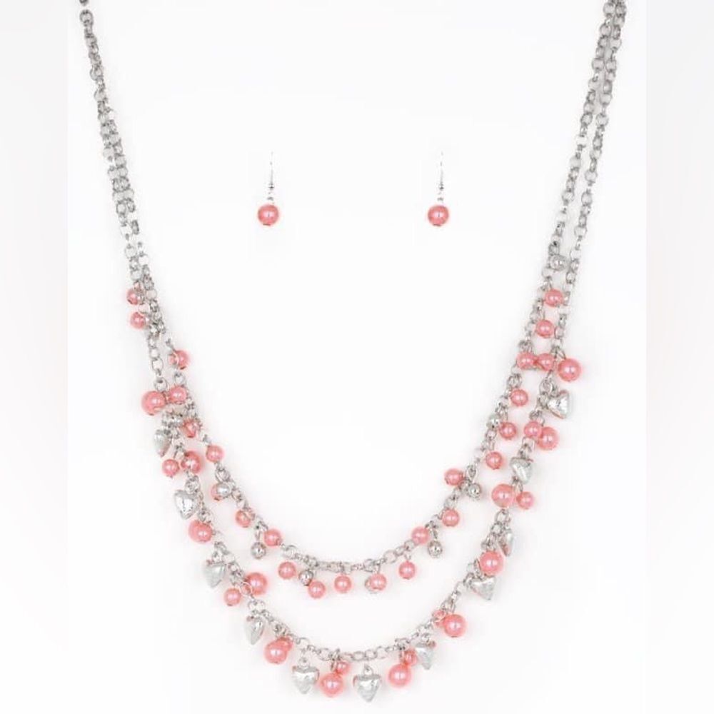 Set!! 2 tiered pink pearl and silver Heart necklace with earrings - Picture 1 of 1